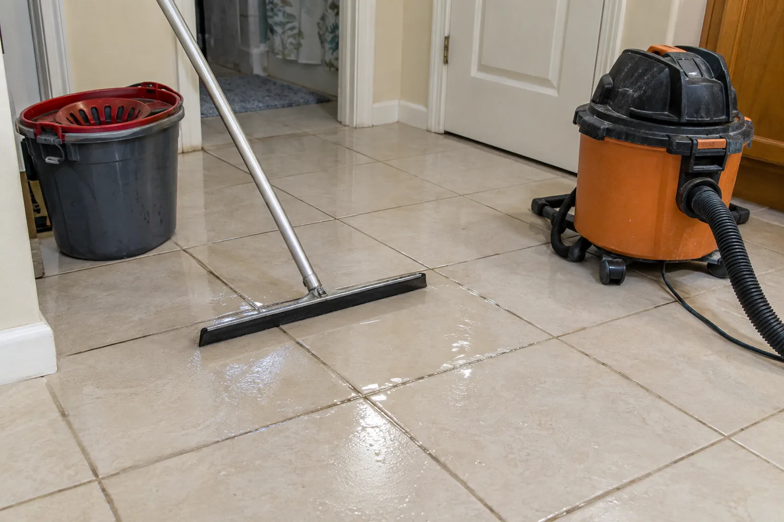 Standing water being cleared from a tiled Orlando floor with a squeegee, wet vacuum and bucket nearby