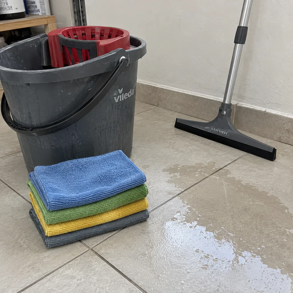 Mop bucket and folded microfibre cloths beside a partly dried wet patch on a tiled floor