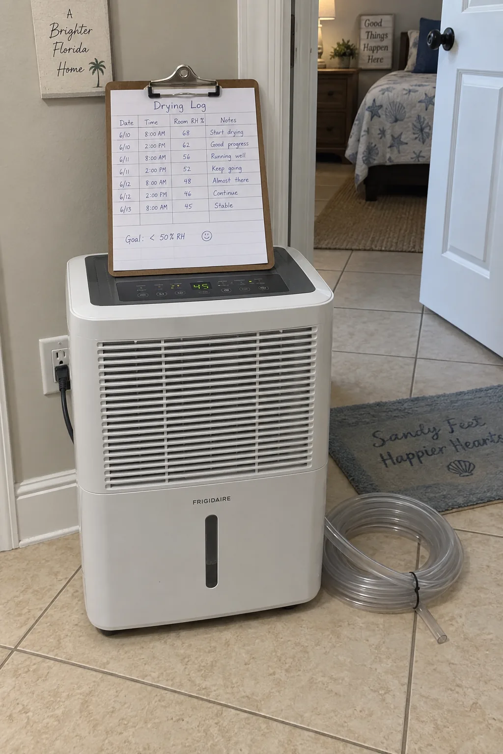 Dehumidifier with drainage hose on a tiled floor beside a drying log on a clipboard