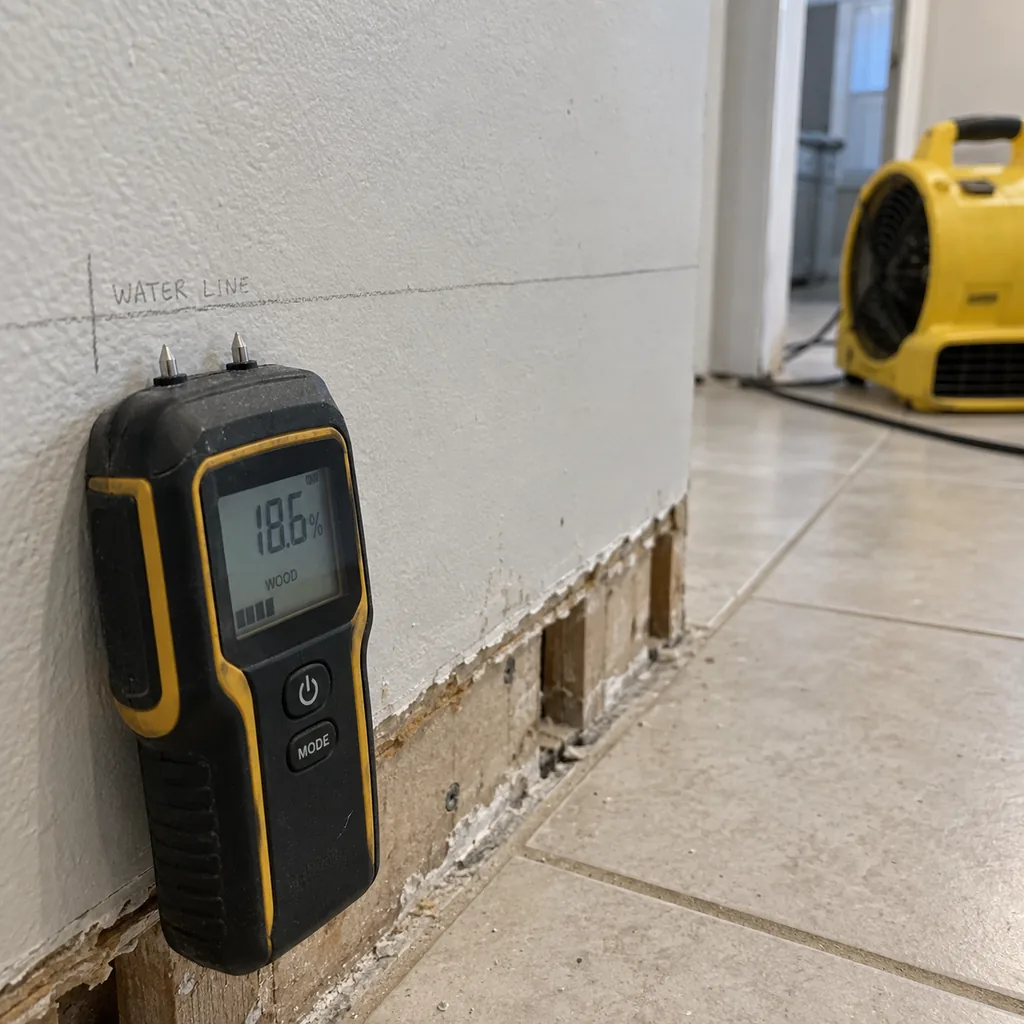 Moisture meter held against drywall above a removed baseboard, water line marked on the wall