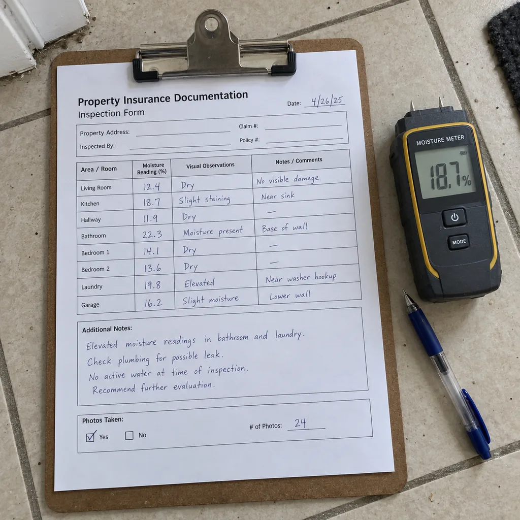 Insurance documentation form on a clipboard with handwritten moisture readings and a meter beside it