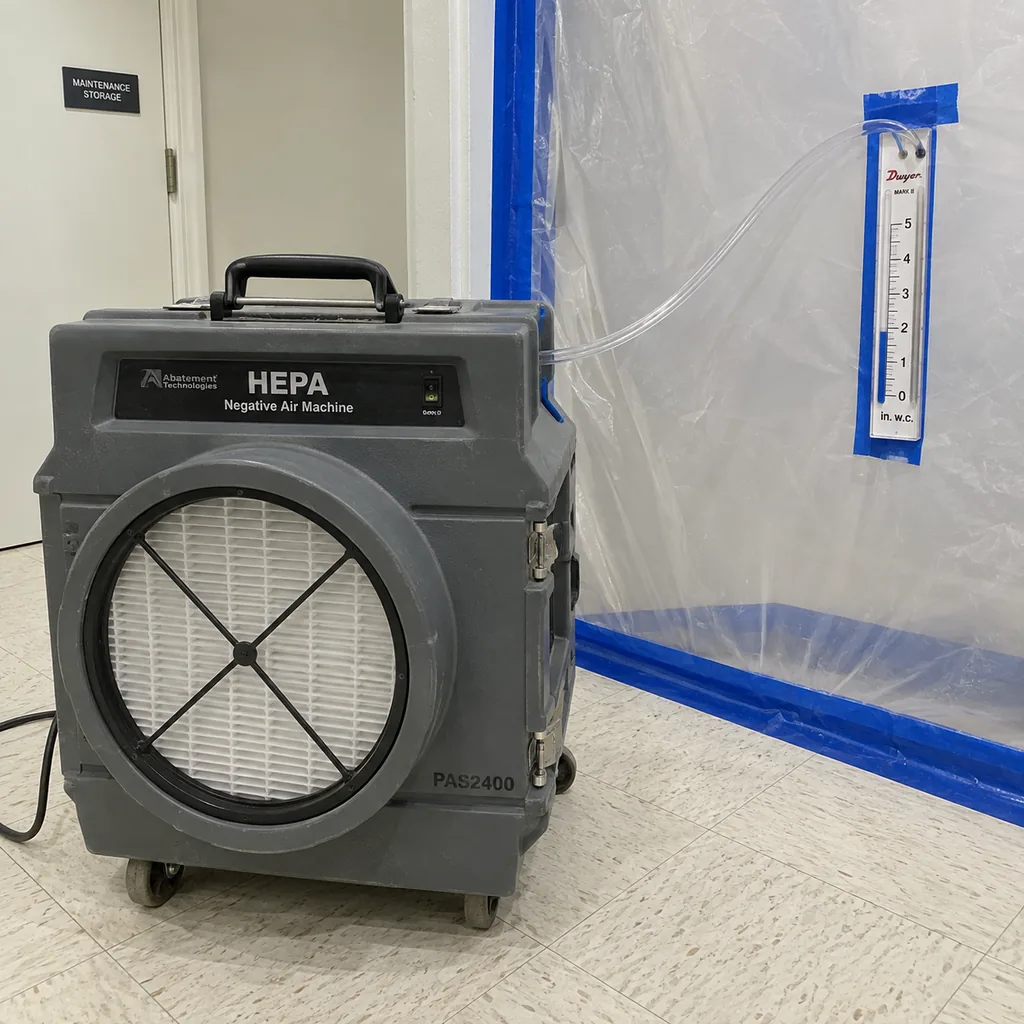 Negative air machine with HEPA filtration and a manometer tube running to sealed containment