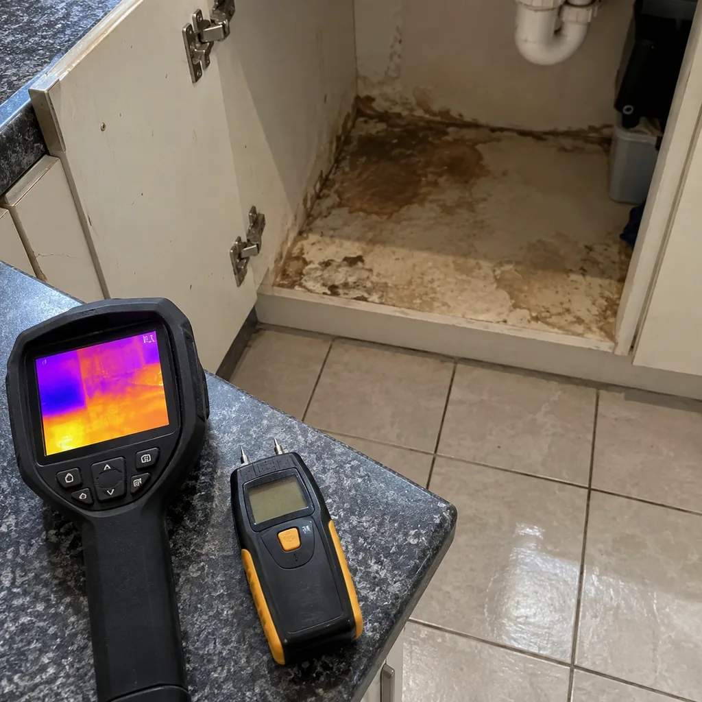 Thermal camera and moisture meter on a worktop beside a cabinet showing damp staining