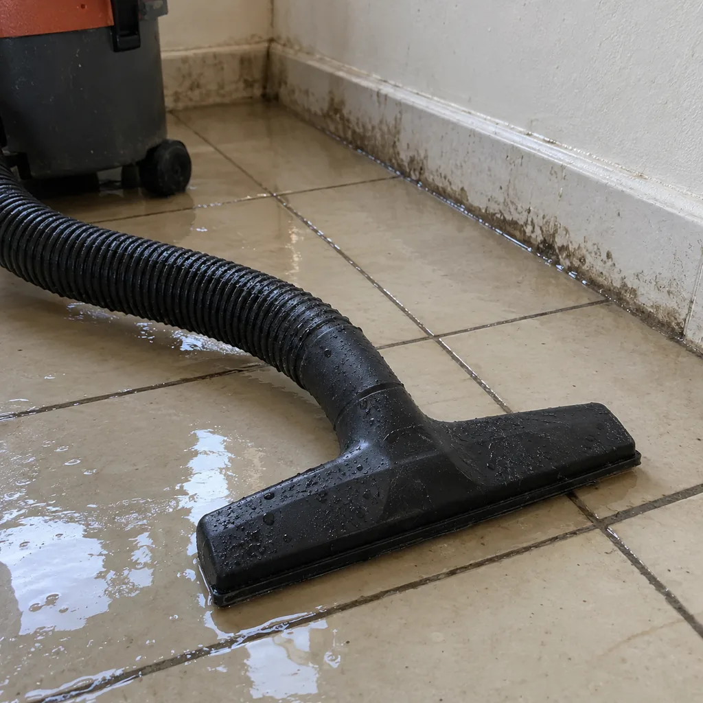 Wet vacuum hose lying in standing water pooled along the grout lines of a tiled floor