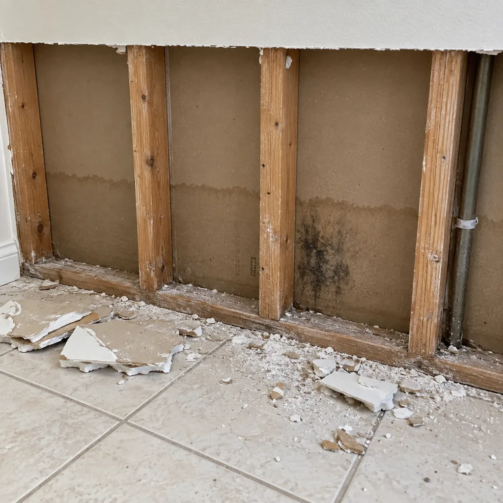 Open wall cavity showing bare studs, a faint tide line and drywall offcuts on the floor