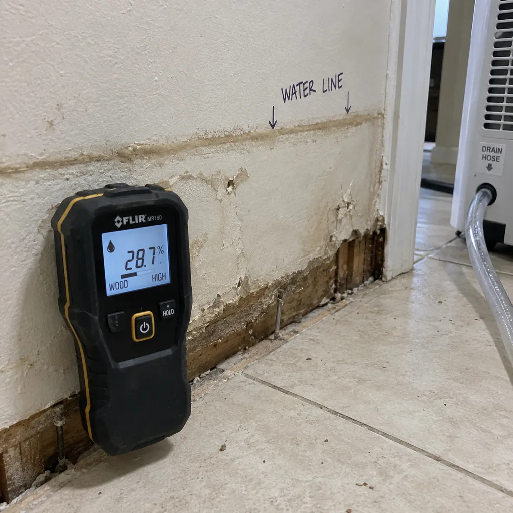 Moisture meter reading taken on drywall beside a marked water line with the baseboard removed