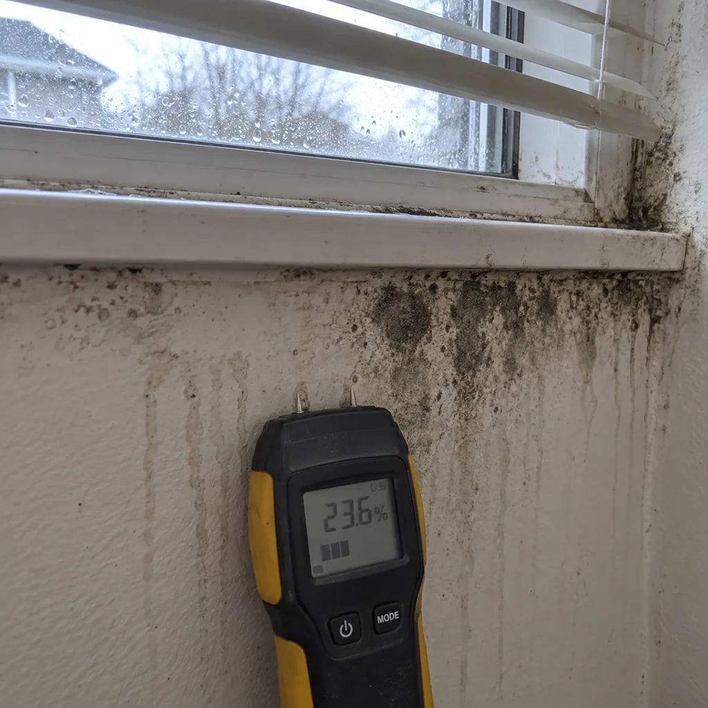 Moisture meter on drywall below a window frame showing condensation staining and mould growth