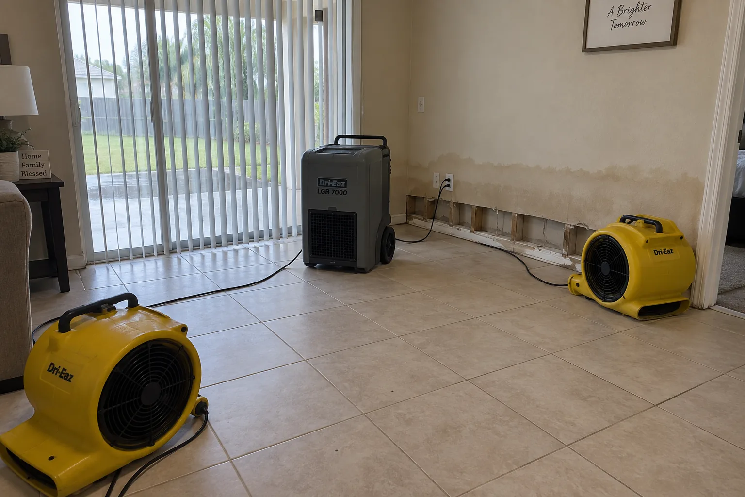 Air movers and a dehumidifier drying an Orlando living room with the baseboard removed along a damp wall