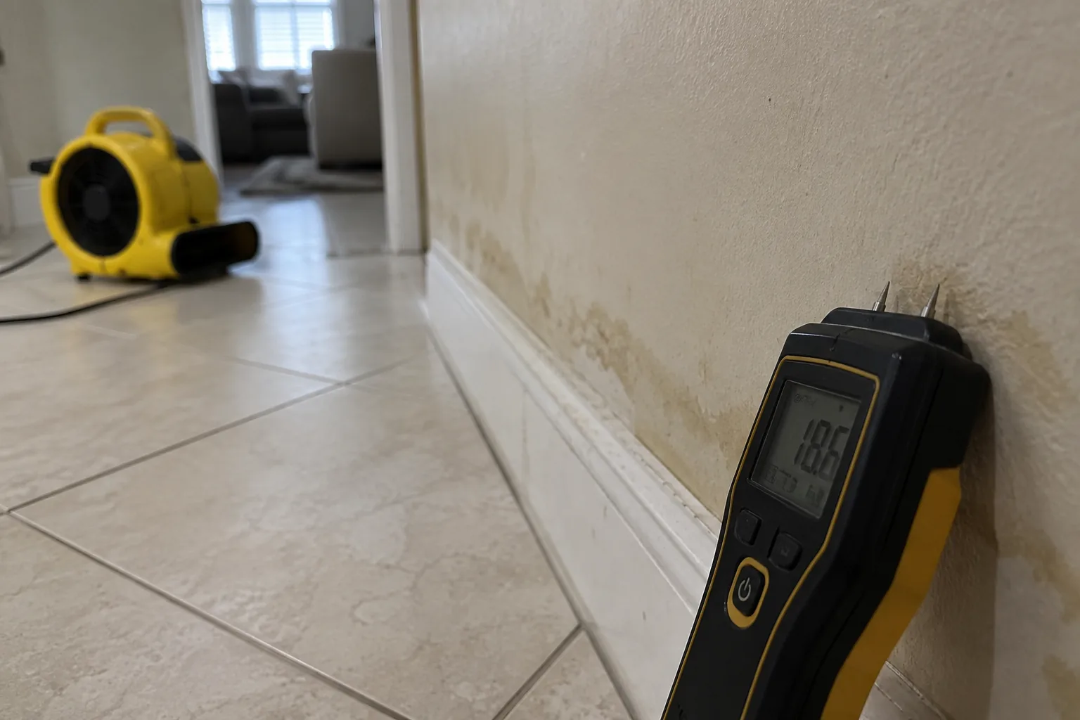 Moisture meter checking drywall above the baseboard with an air mover running behind