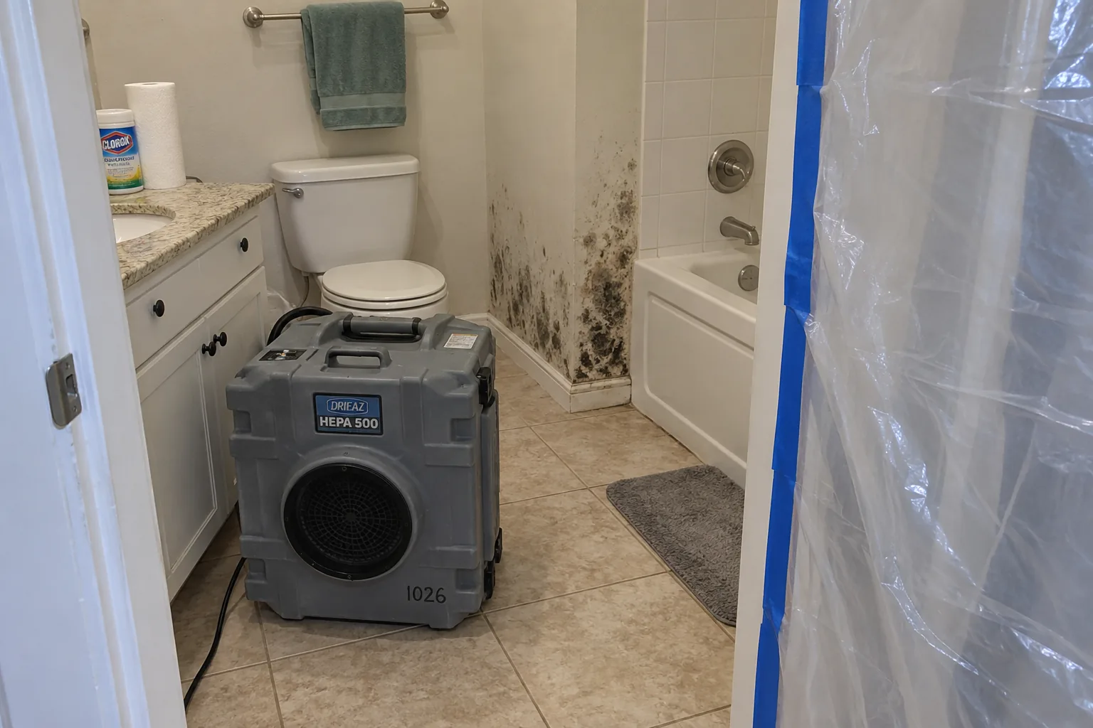 Orlando bathroom sealed with plastic sheeting, mould staining on the drywall beside the bath panel