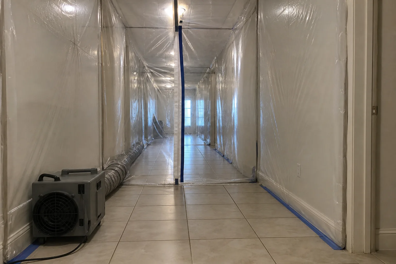 Plastic containment sheeting with a zipped opening sealing an Orlando hallway, negative air machine running