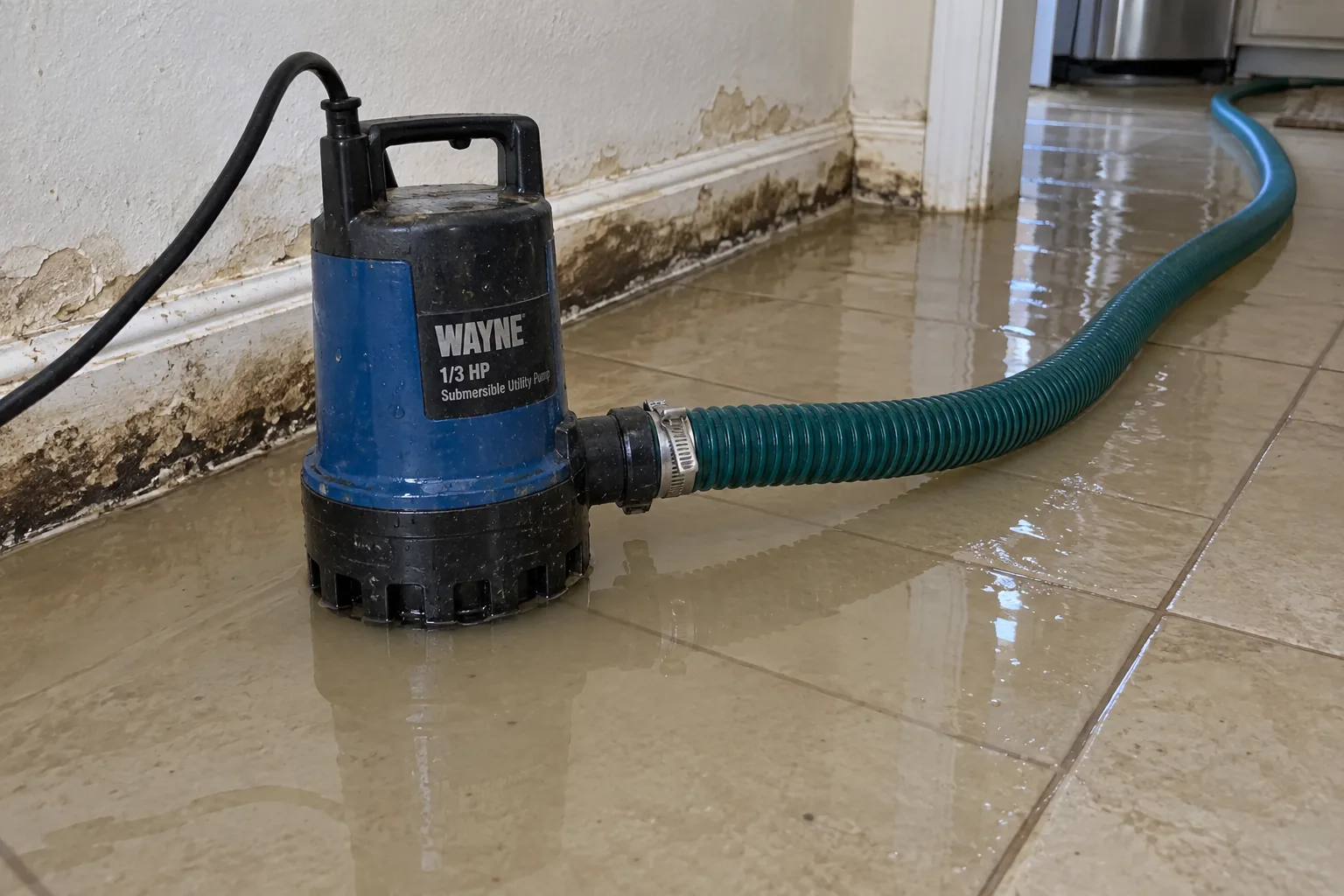 Submersible pump clearing standing water from a tiled floor in an Orlando home