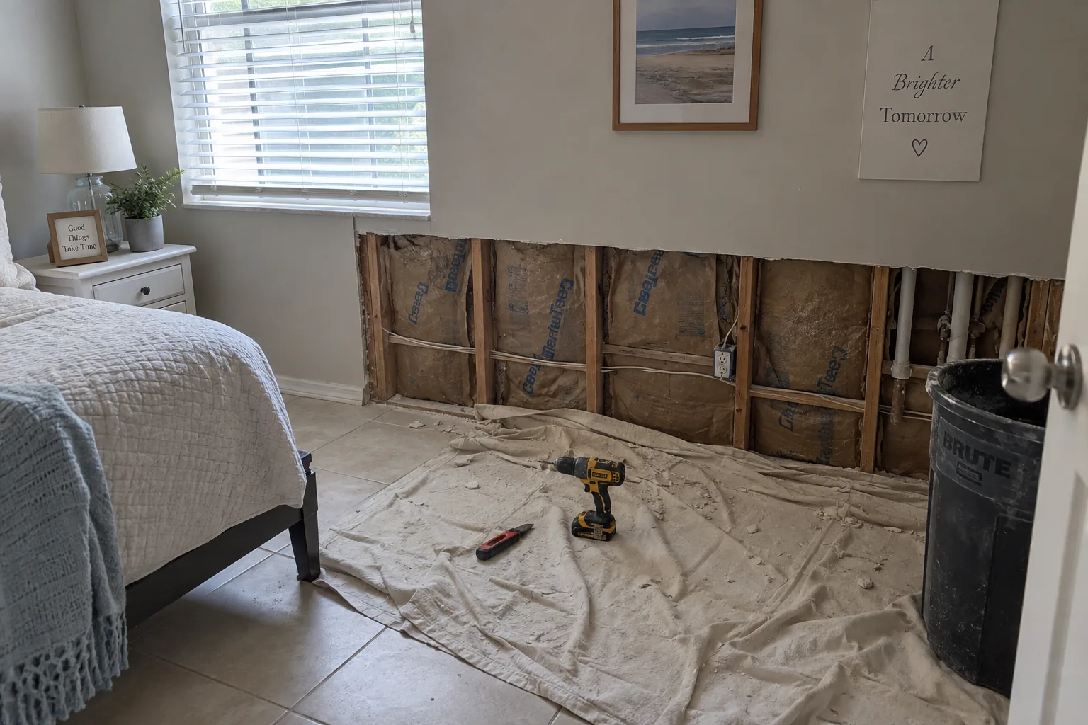 Flood cut in an Orlando bedroom wall exposing timber studs and insulation, tools on a dust sheet