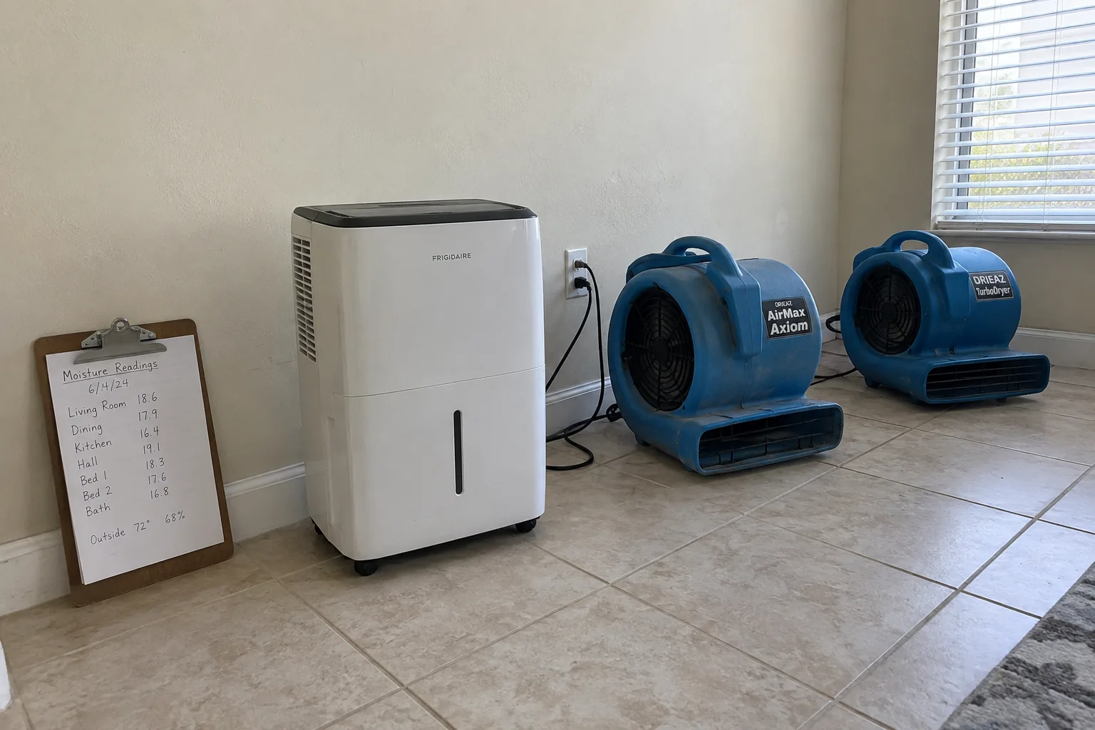 Three air movers and a dehumidifier running in an empty Orlando room during structural drying