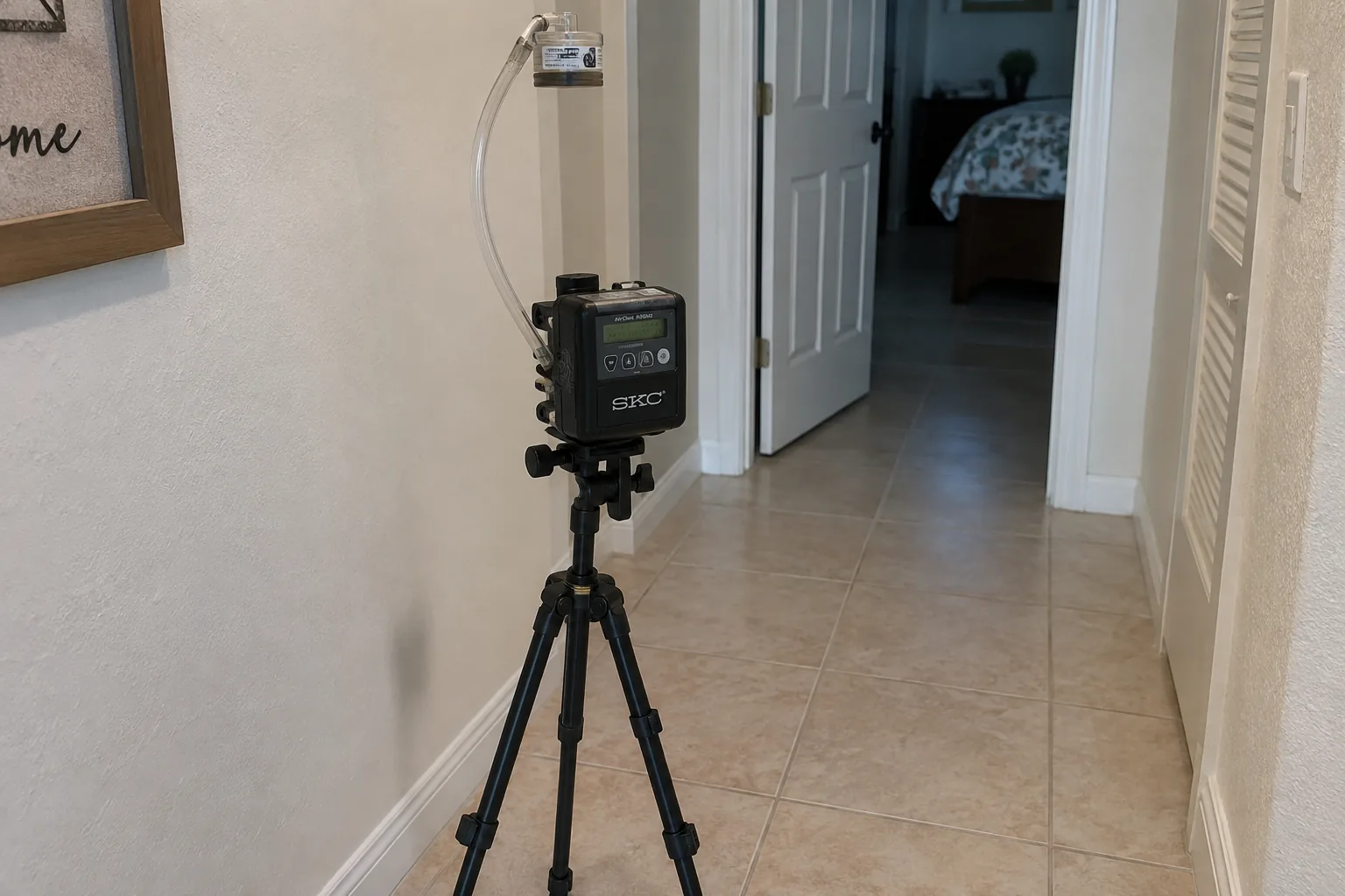 Air sampling pump on a tripod in an Orlando hallway with tubing running to a spore trap cassette