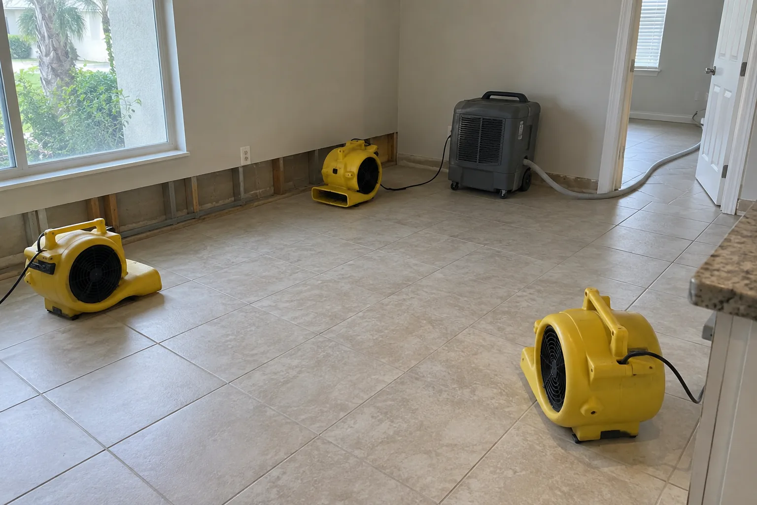 Air movers positioned across a tiled Orlando living room with a dehumidifier draining to a doorway
